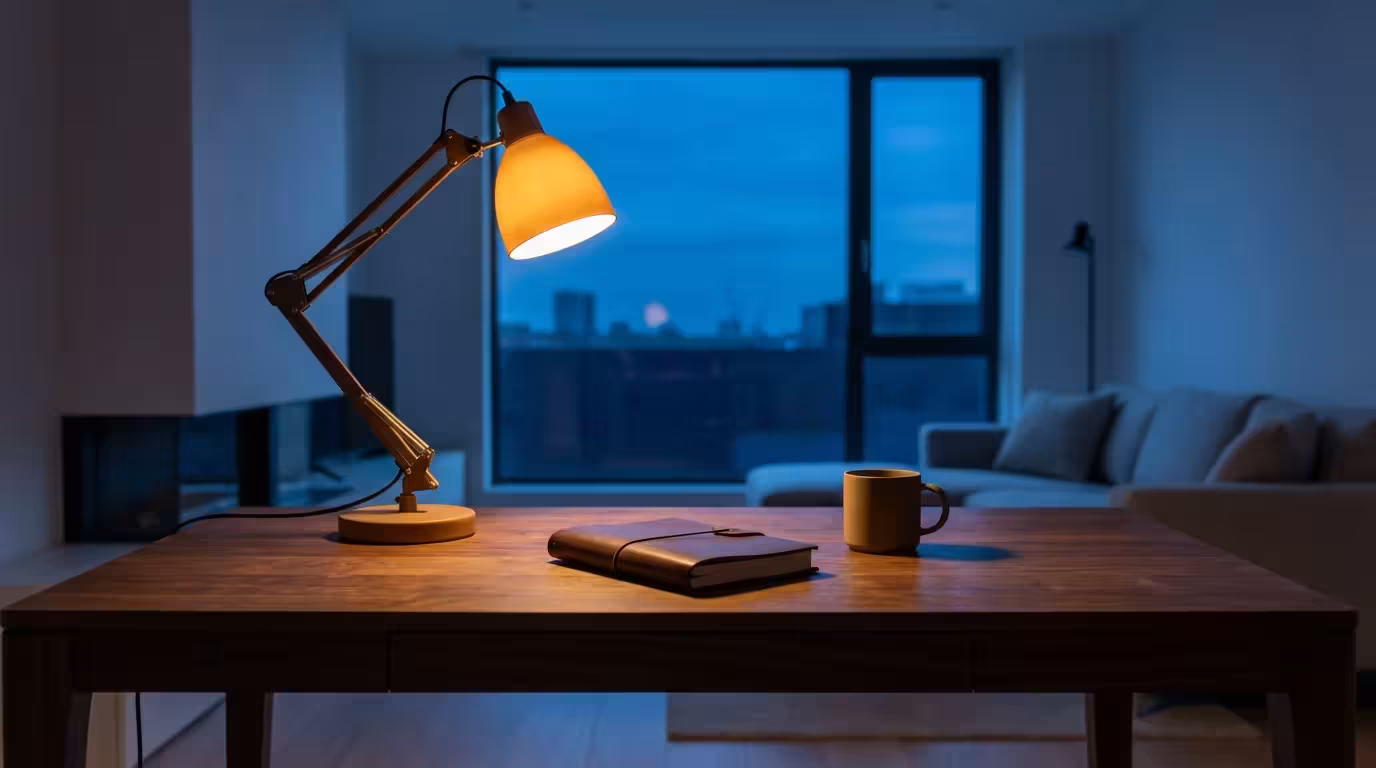 Tidy minimalist wooden desk with warm lamp lighting against a blue hour window