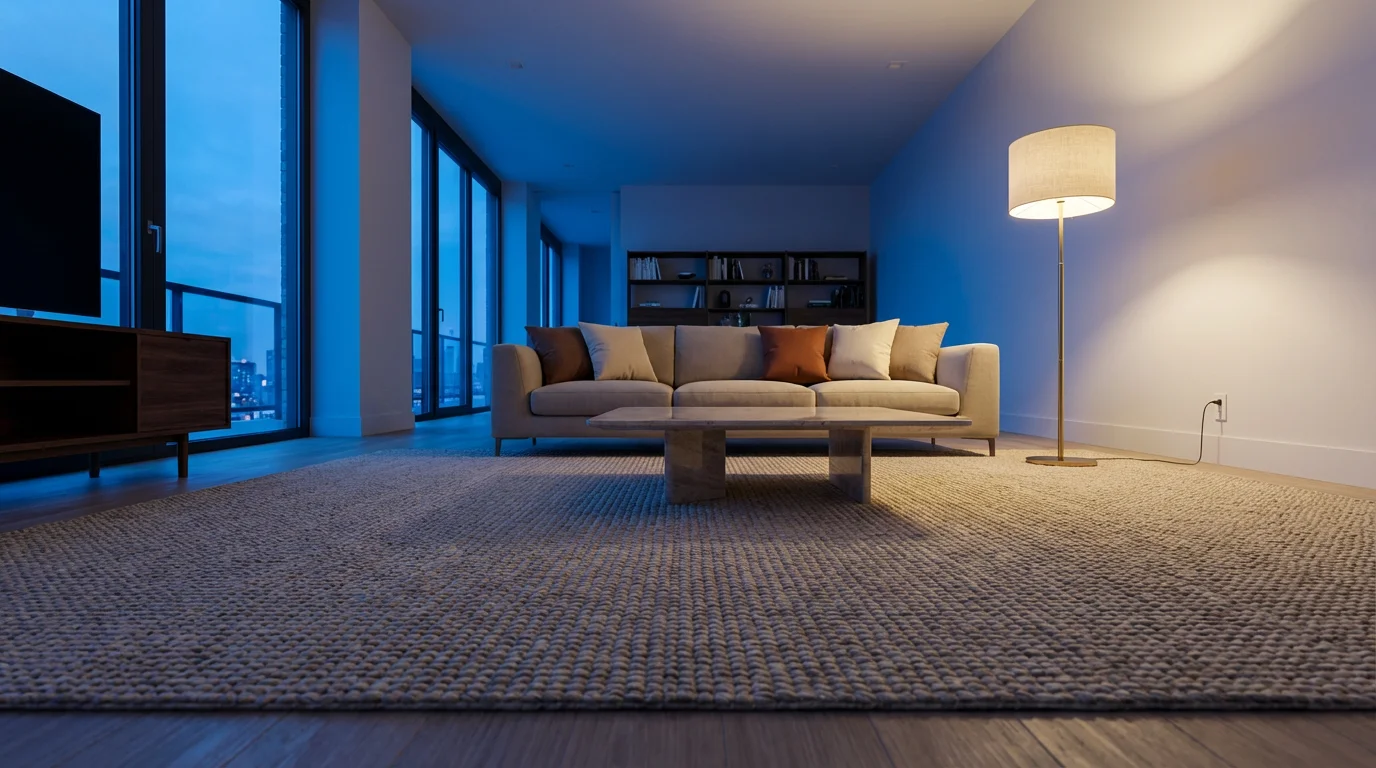 Tidy modern living room at twilight with clean surfaces and soft evening lighting.