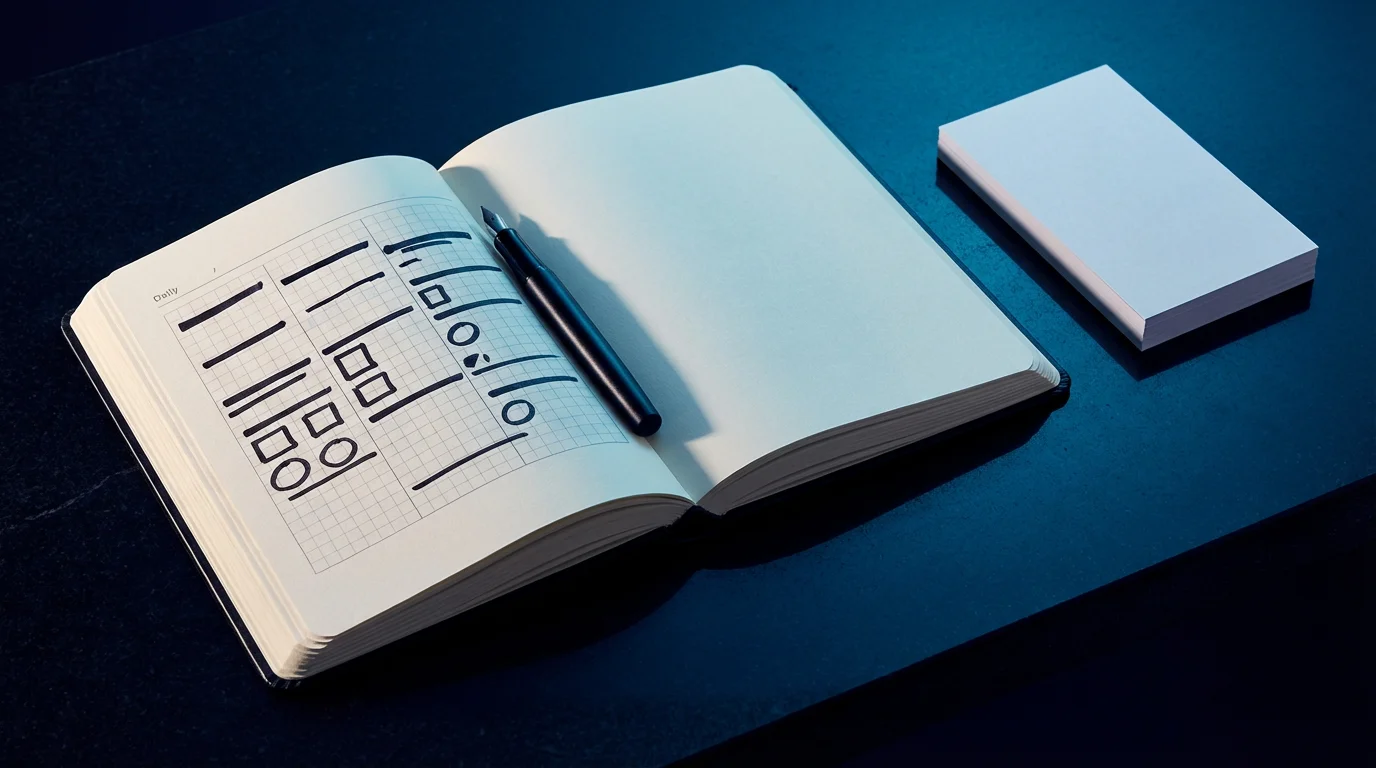 Time blocking system flat lay with open planner, abstract schedule, pen, and index cards.