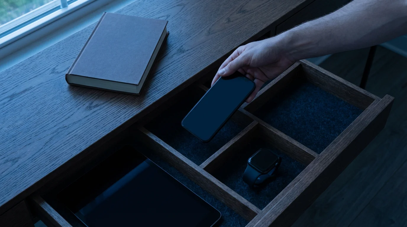Top view of hand placing powered-down phone into drawer during evening blue hour.