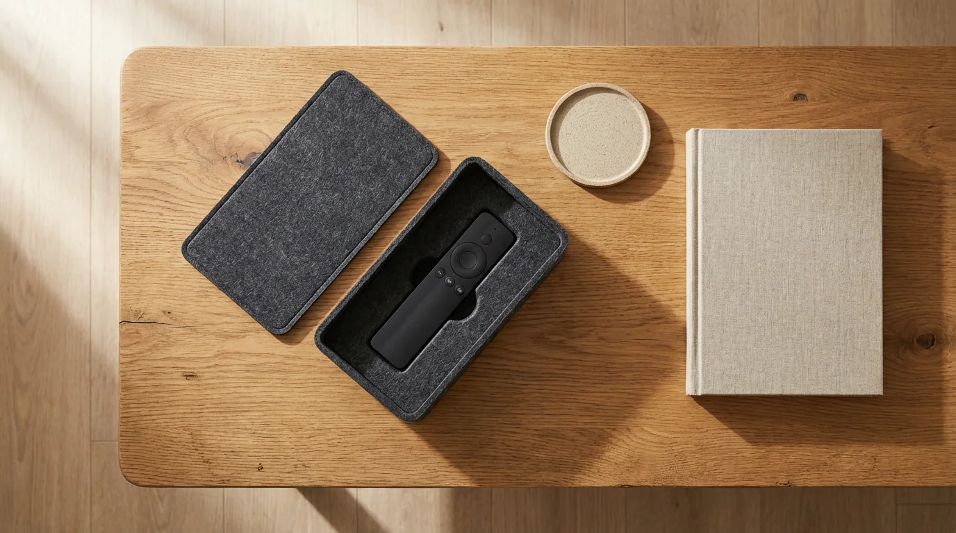 TV remote control inside a storage box on a wooden table, hiding distractions.
