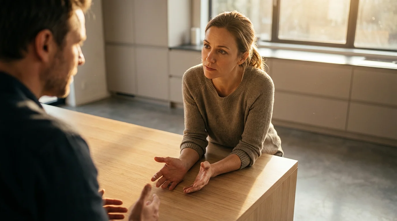 Two adults having a calm, empathetic conversation about digital boundaries across a modern kitchen counter.