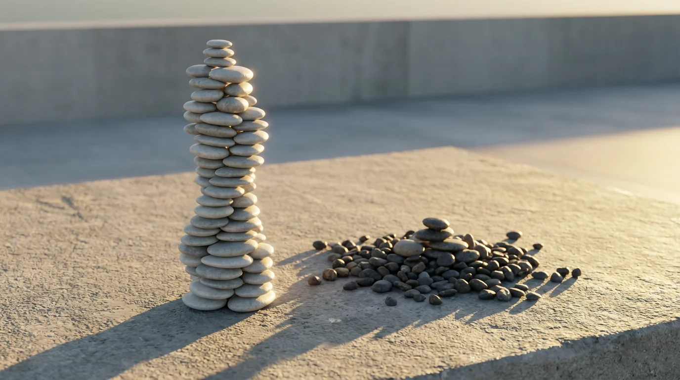 Two contrasting piles of river stones demonstrating the exponential growth versus decay of daily habits.