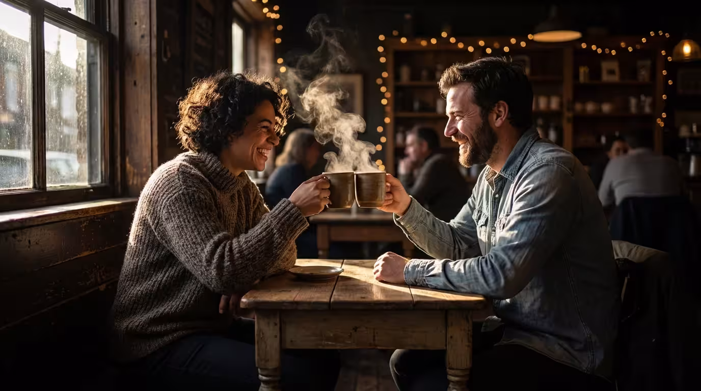 Two friends laughing and toasting with coffee mugs in a cafe with dramatic lighting.