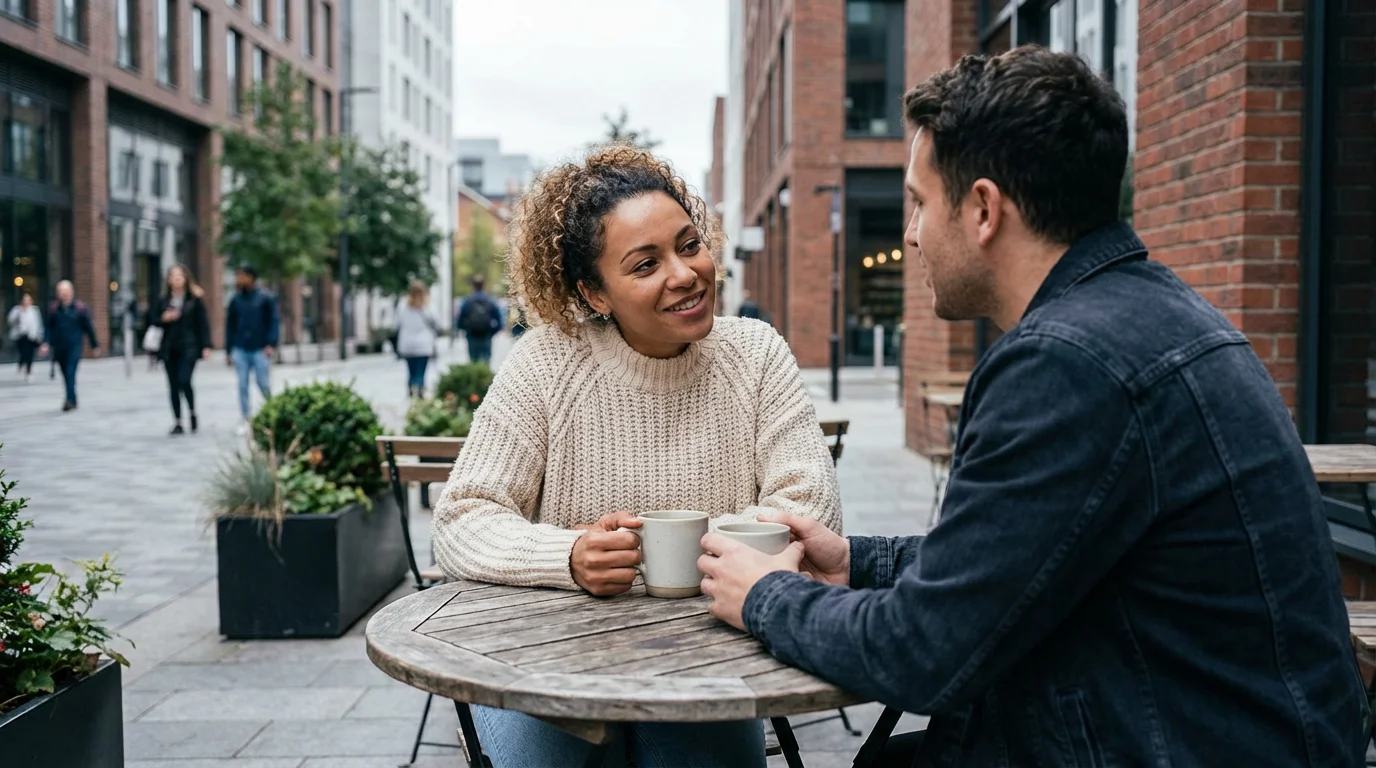 Two friends smiling and talking over coffee at an outdoor cafe table.