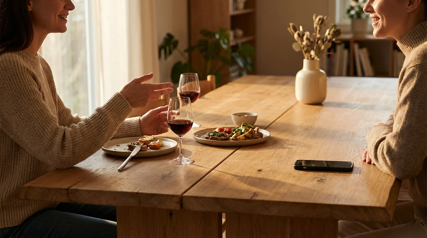 Two people connecting at a dining table during golden hour, with their smartphone intentionally placed aside.