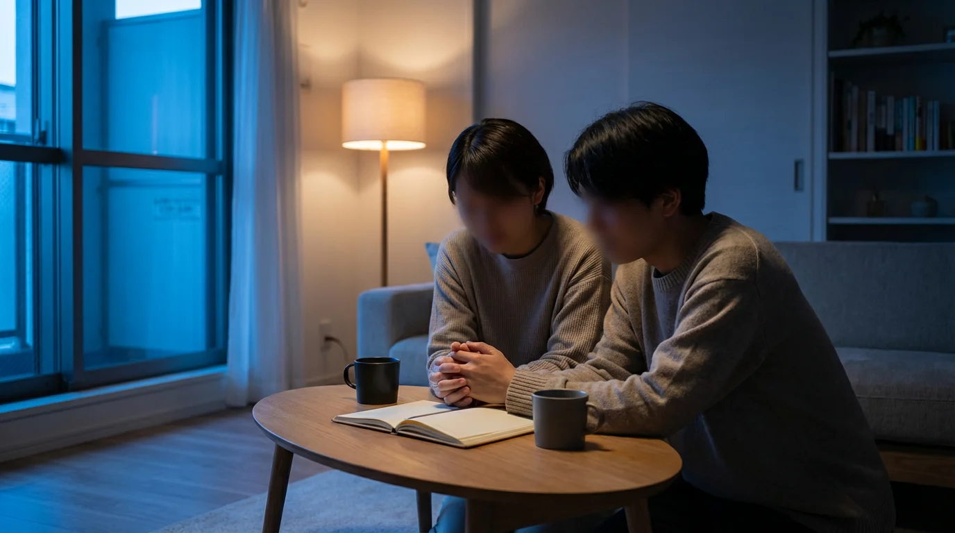 Two people discussing morning goals over coffee in a blue hour setting.