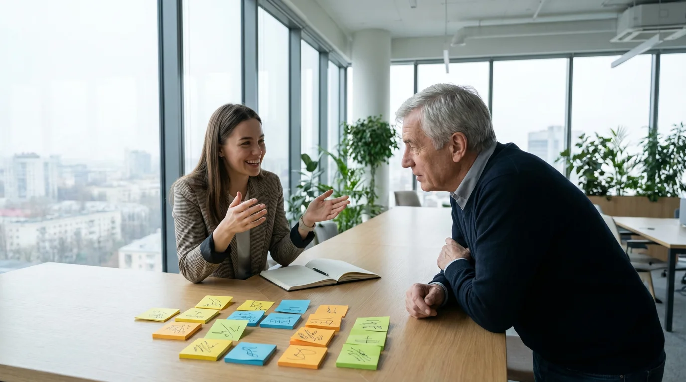 Two professionals discussing goals with sticky notes in a bright, modern workspace.