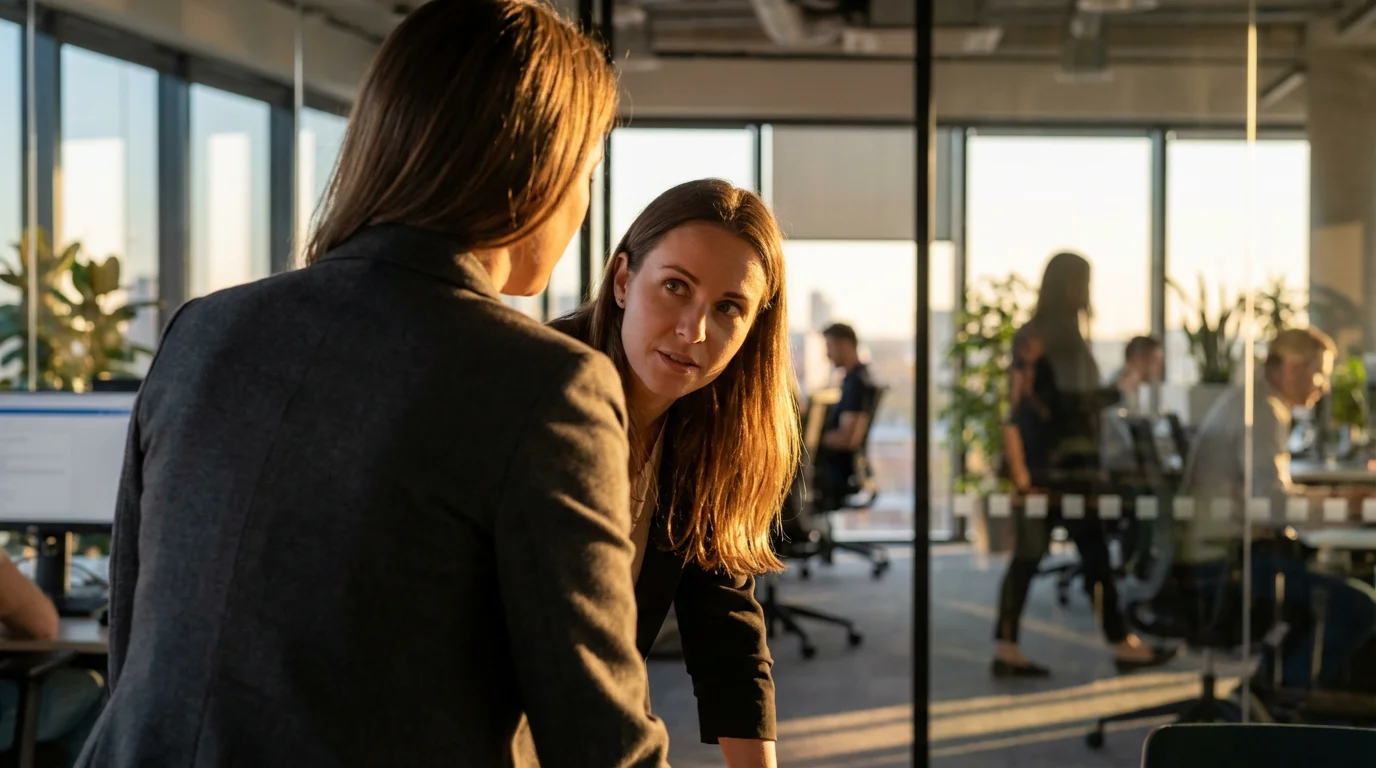 Two professionals talking in a sunlit open-plan office during golden hour.
