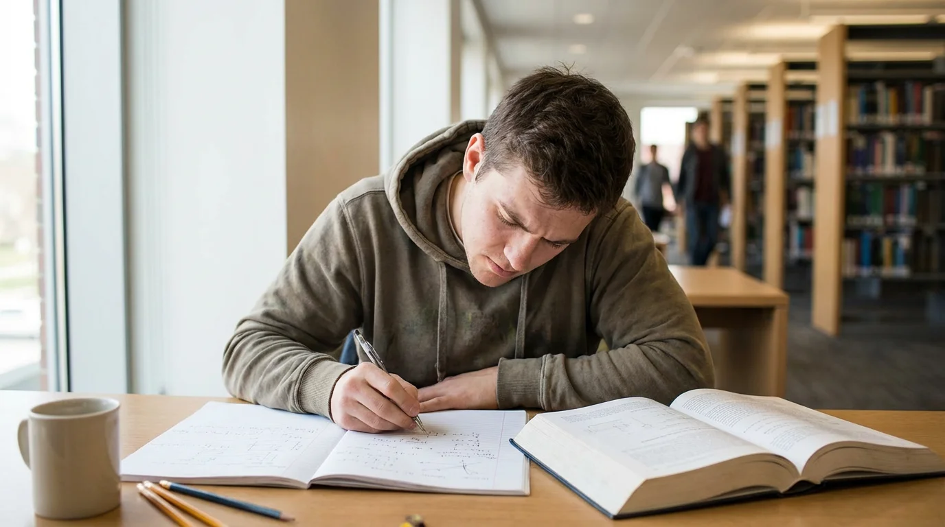 University student deeply focused on engineering study utilizing natural window light in a library.