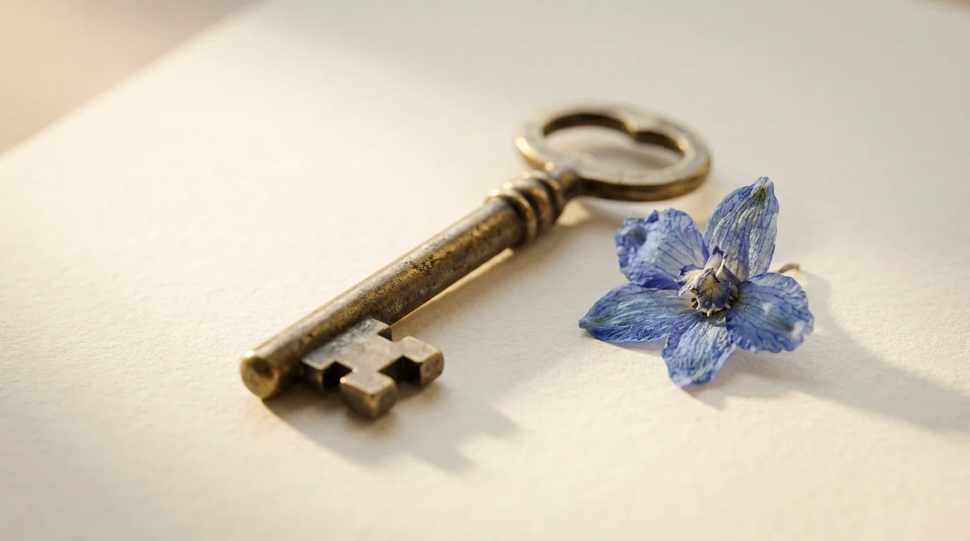 Vintage brass skeleton key and dried blue petal on textured paper under soft morning light.