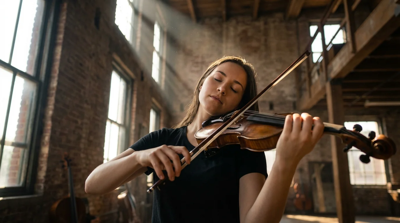 Violinist immersed in flow state playing in a sunlit studio with dramatic shadows.