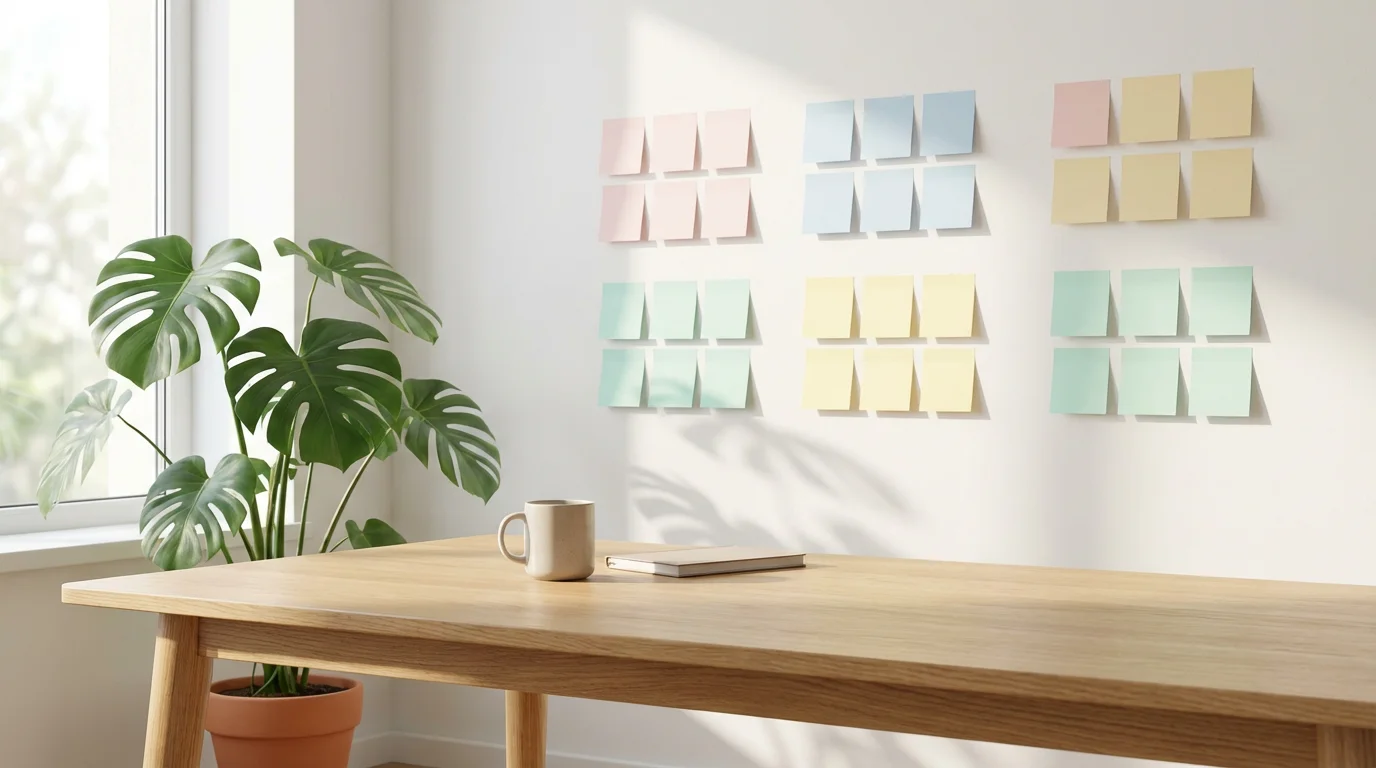 Wall with colorful sticky notes arranged in four groups in a sunlit modern office.