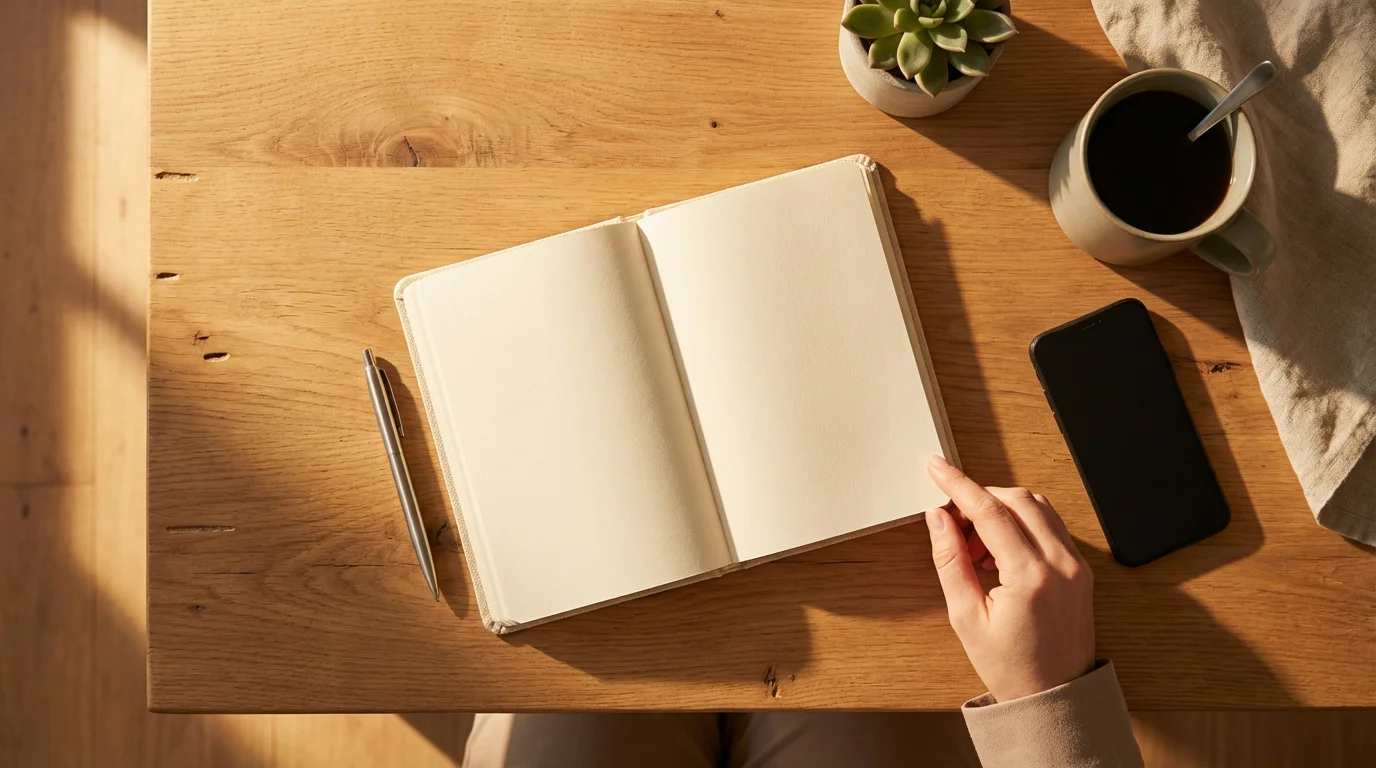 Warm flat lay showing a journal, pen, and smartphone in golden hour light.