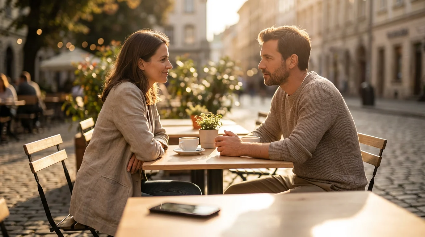 Warm, photorealistic image of two people talking attentively at a cafe table with a smartphone set aside.