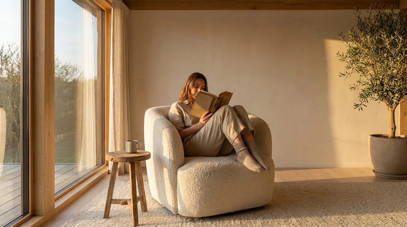 Warm, sunlit wide shot of a comfortable, minimalist reading corner established as a device-free zone.