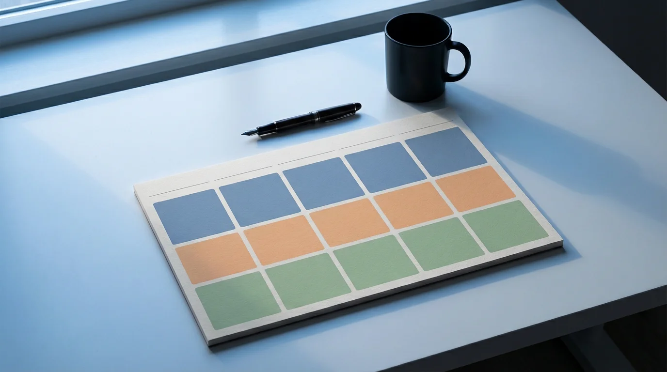 Weekly time blocking rhythm shown on a color-coded physical planner pad during cool blue hour light.