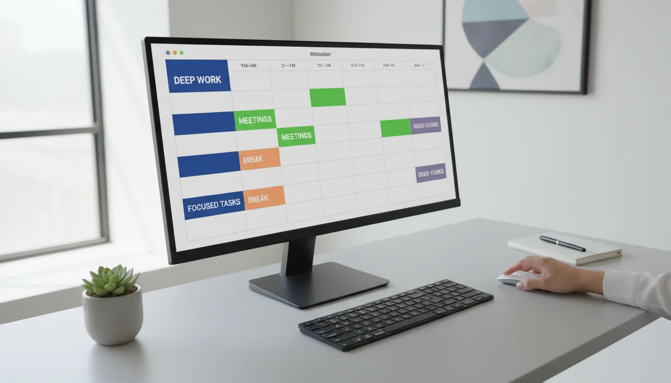 A close-up of a well-organized desk setup with a monitor displaying a detailed, color-coded digital calendar. A hand rests near a mouse.
