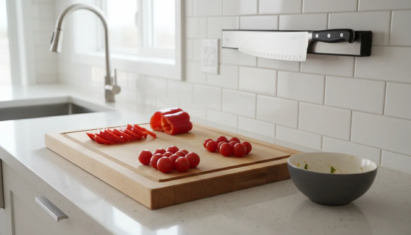 A well-organized kitchen counter with a wooden cutting board, fresh vegetables, a scrap bowl, and a magnetic knife strip holding a chef's knife above