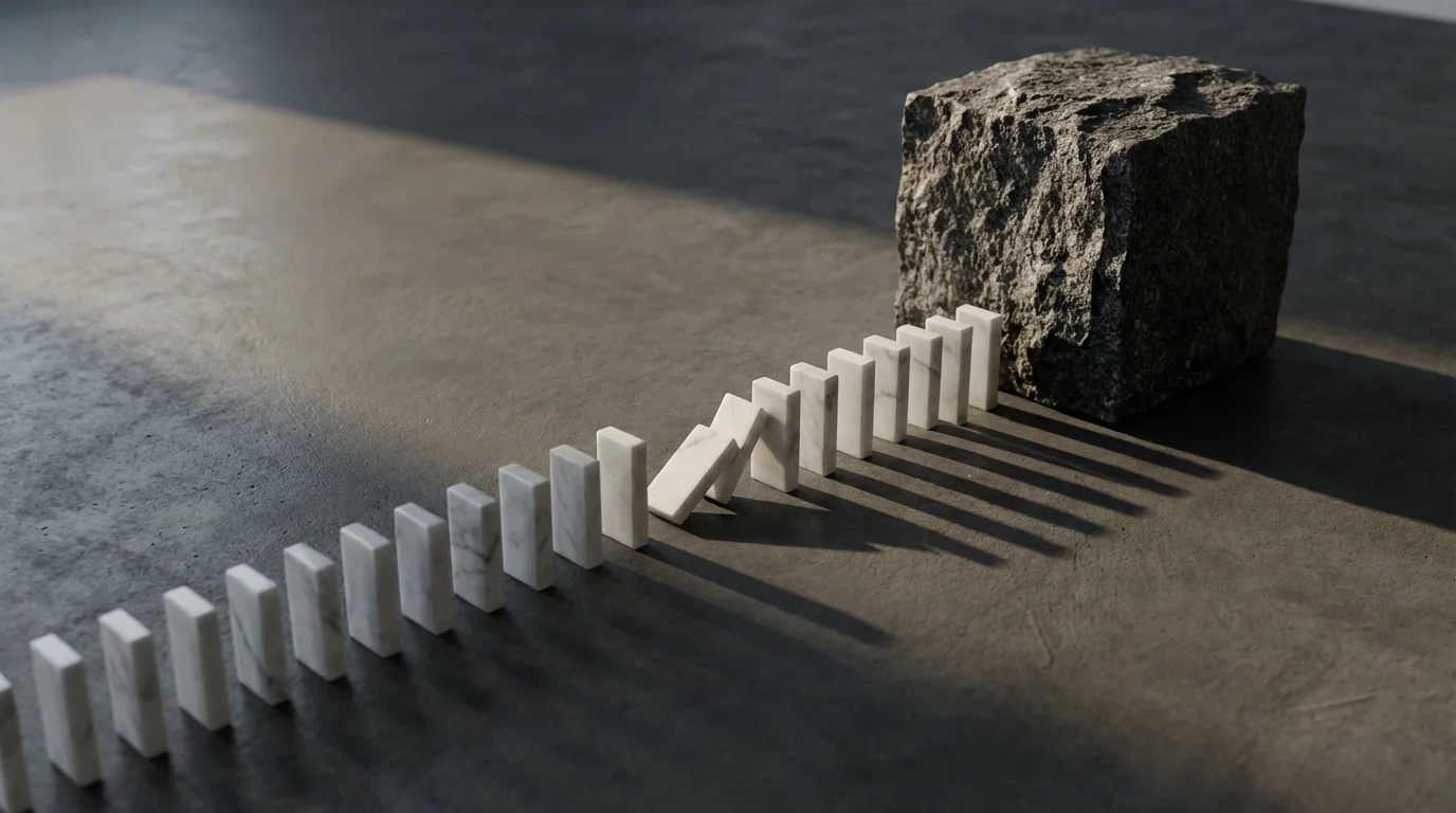White marble dominoes leading to a large granite block, symbolizing habits and challenges.