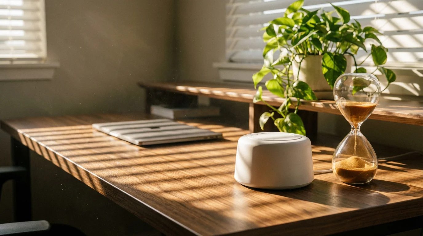 White noise speaker and sand timer on a wooden desk with dramatic afternoon window shadows.