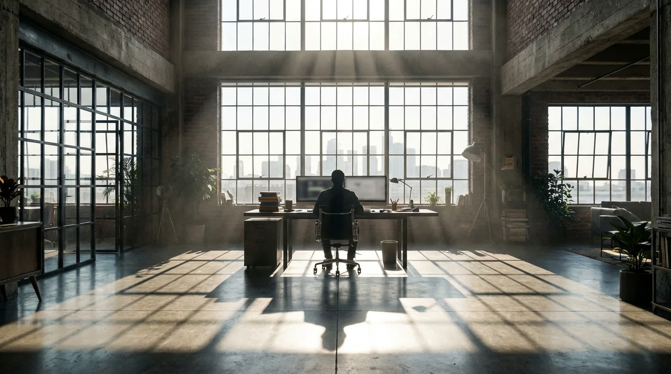 Wide angle view of a developer working in a moody sunlit industrial office space.