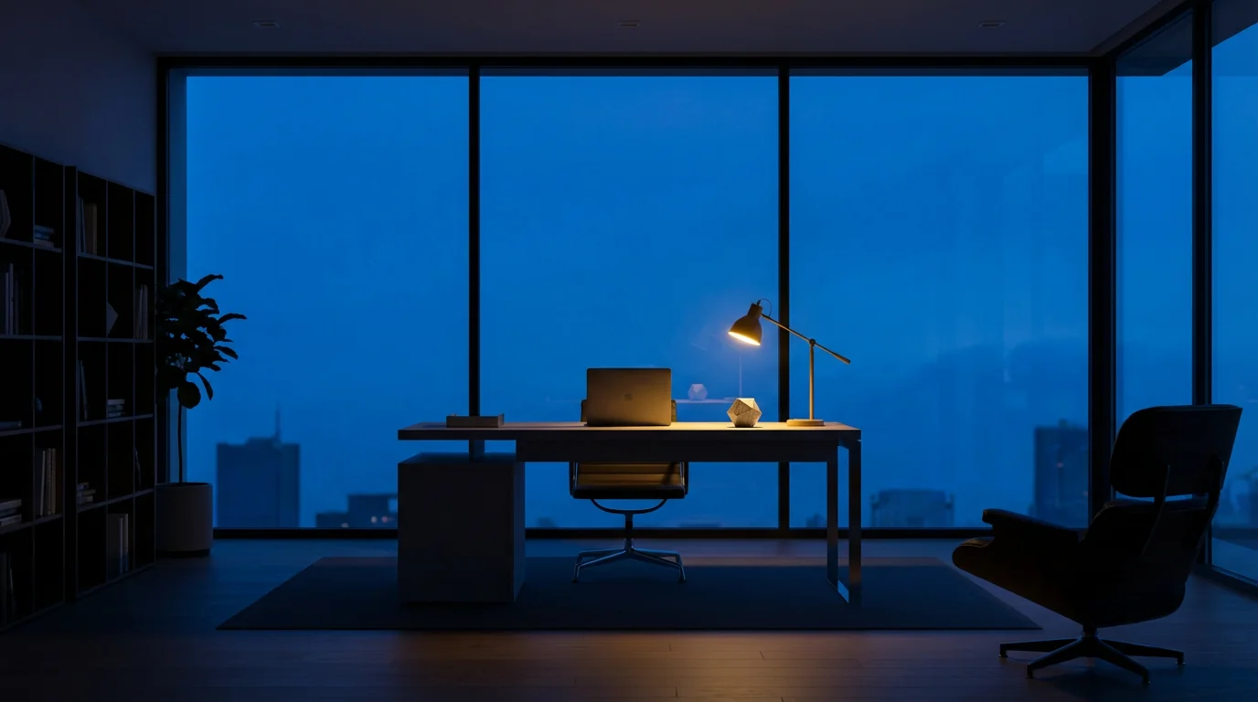 Wide angle view of a minimalist home office at twilight with blue hour lighting
