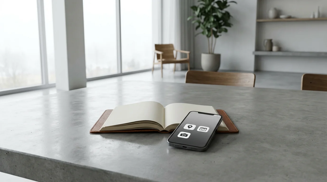 Wide environmental photograph of a modern studio table with a smartphone showing a stark minimalist home screen.