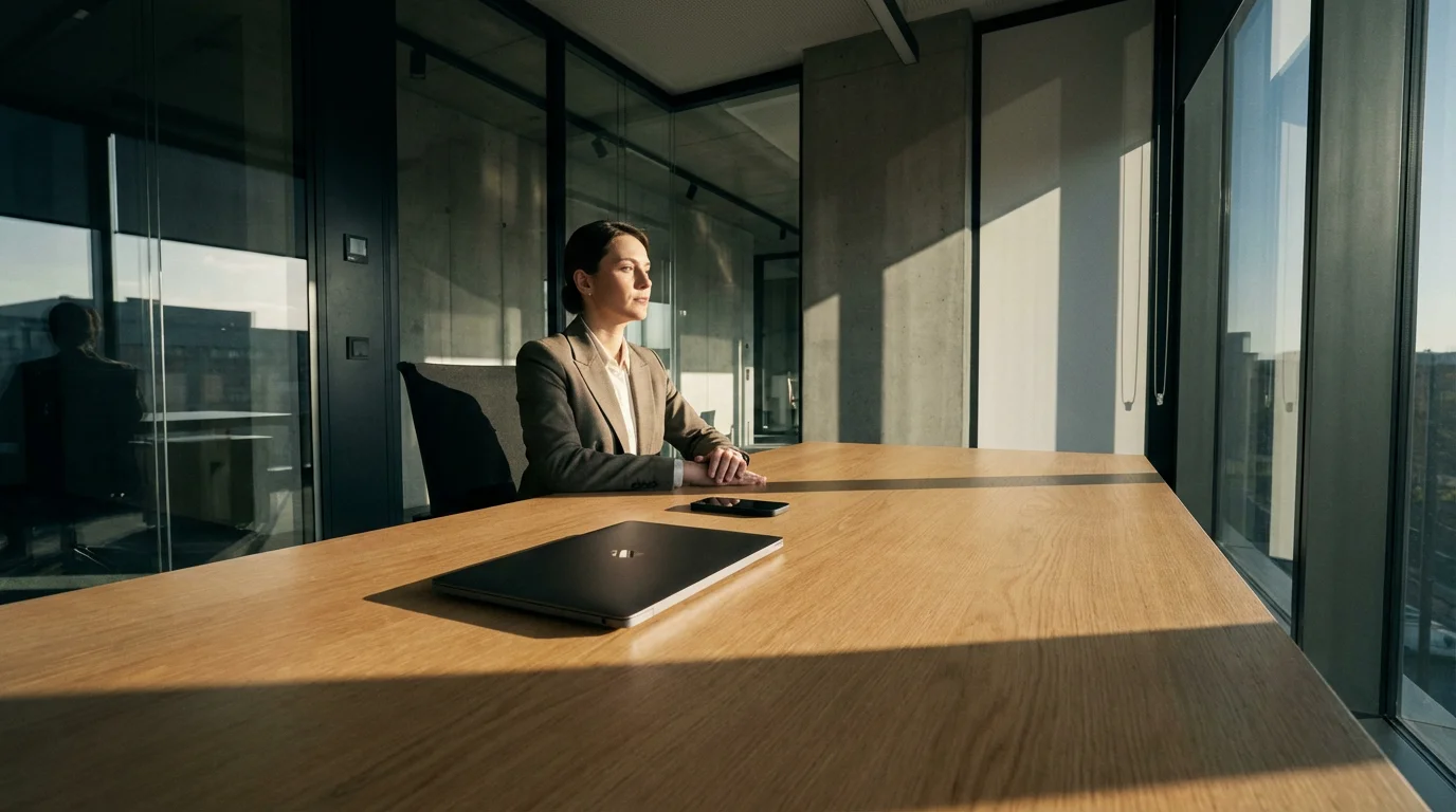 Wide environmental photograph of a person sitting at a desk with a closed laptop during a moody afternoon focus session.