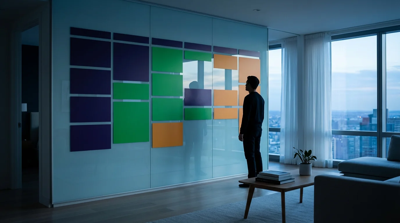 Wide environmental shot of a blue hour apartment featuring an abstract, color-blocked foundational schedule.