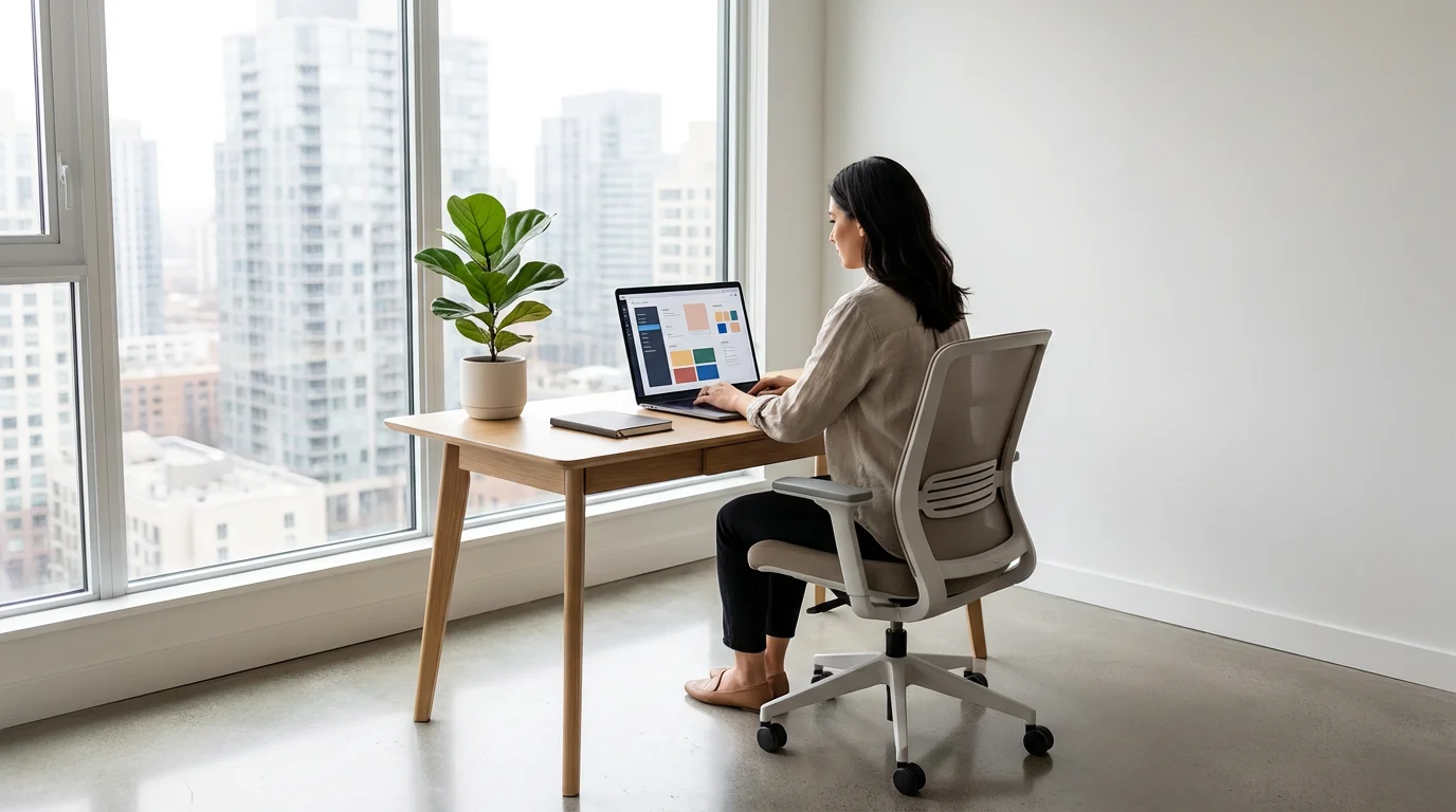 Wide environmental shot of a clean, sunlit city apartment home office setup for deep work.
