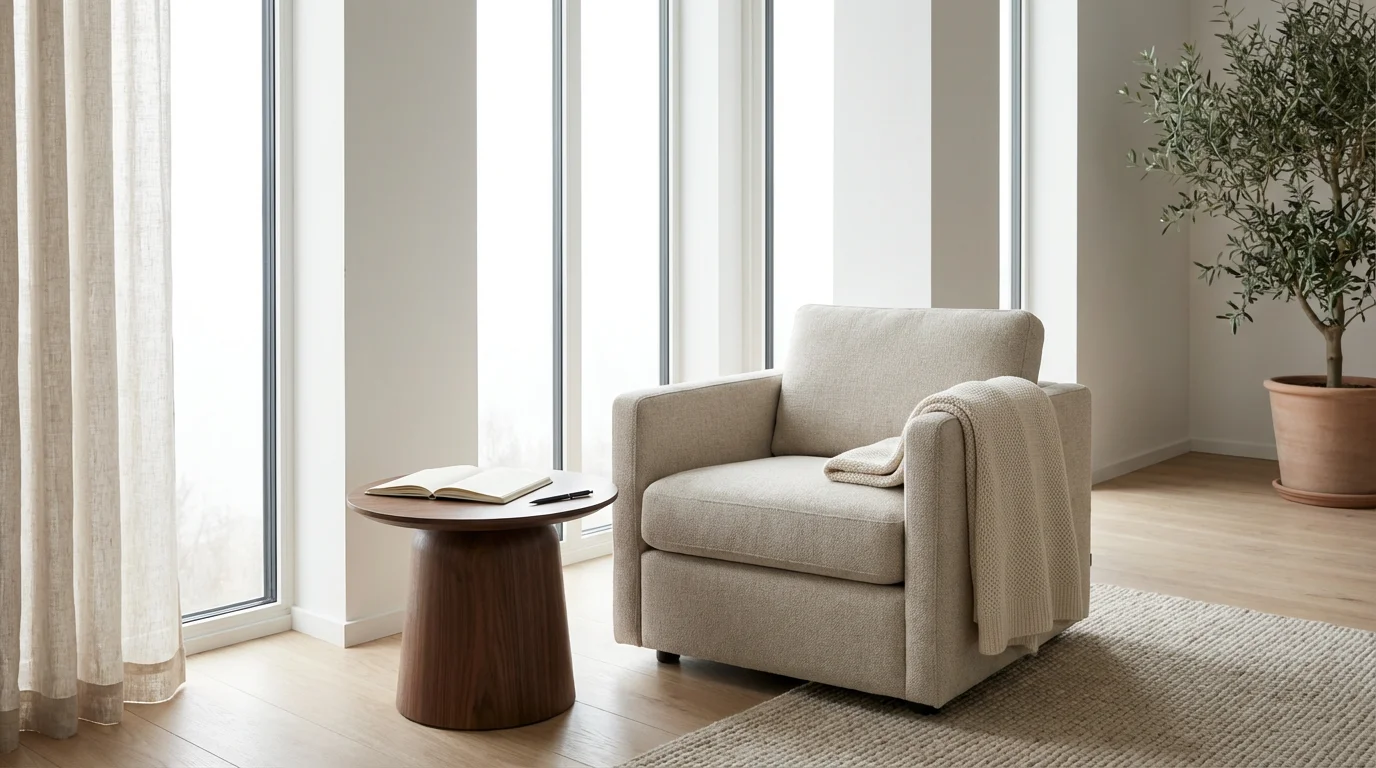 Wide environmental shot of a minimalist armchair and table set up for effortless journaling.