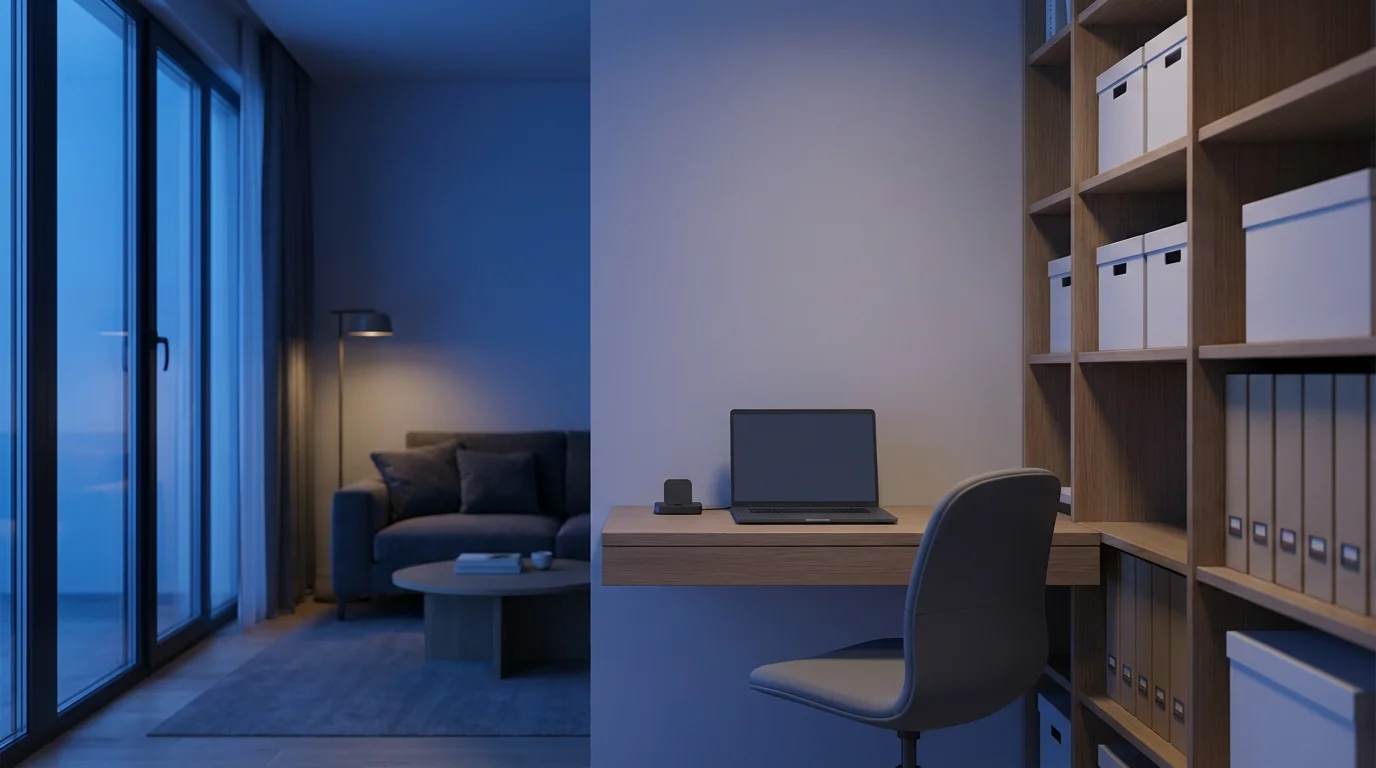 Wide environmental shot of a perfectly organized productivity desk in a small apartment during blue hour.