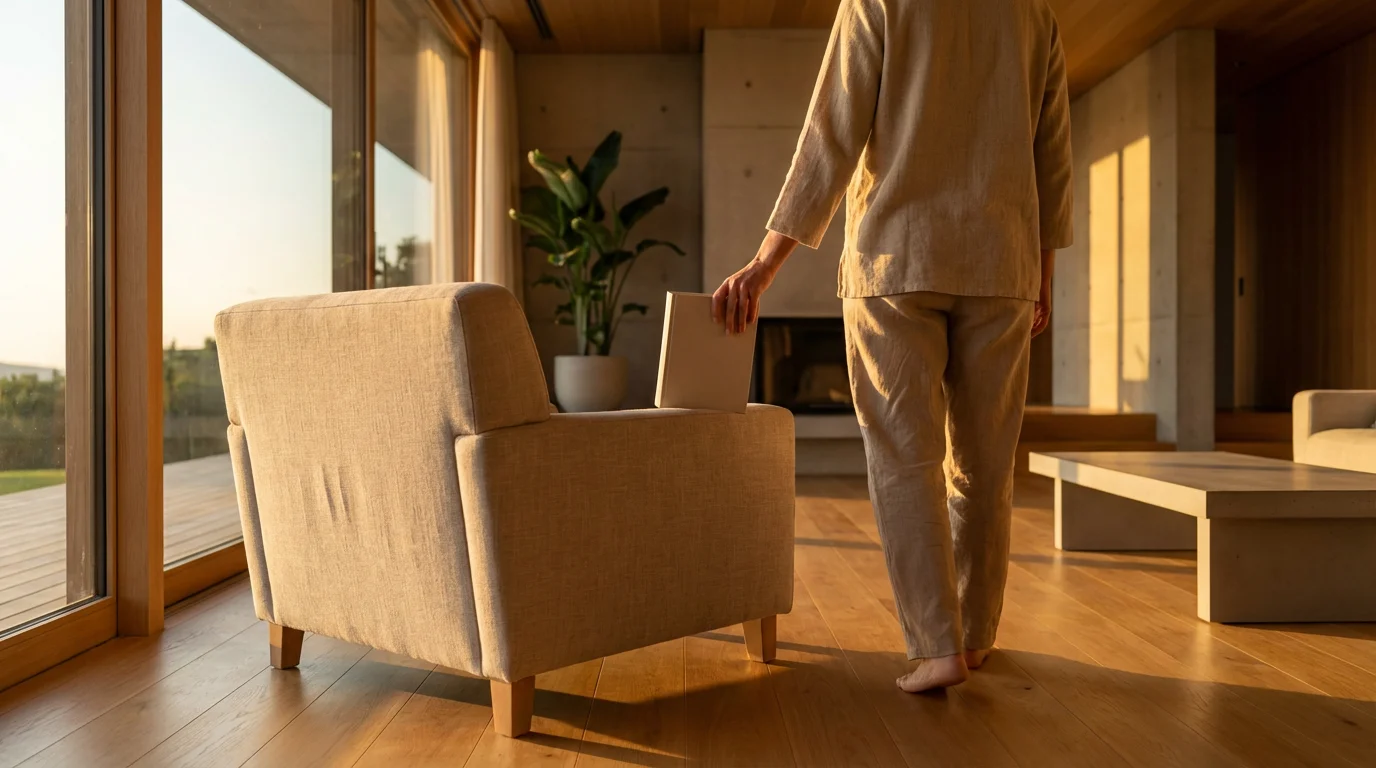 Wide environmental shot of a person deliberately picking up an unmarked book in warm golden hour light.