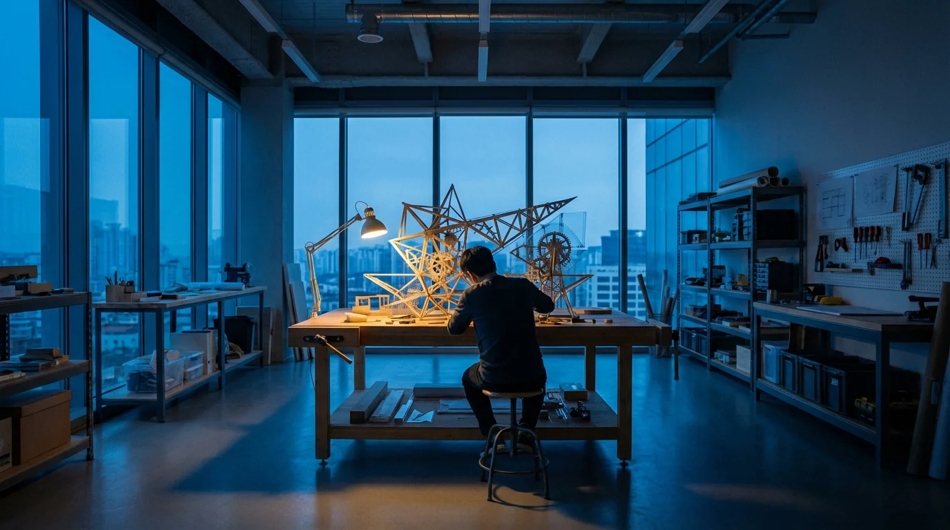 Wide environmental shot of a person focused on an intricate architectural model build at blue hour.