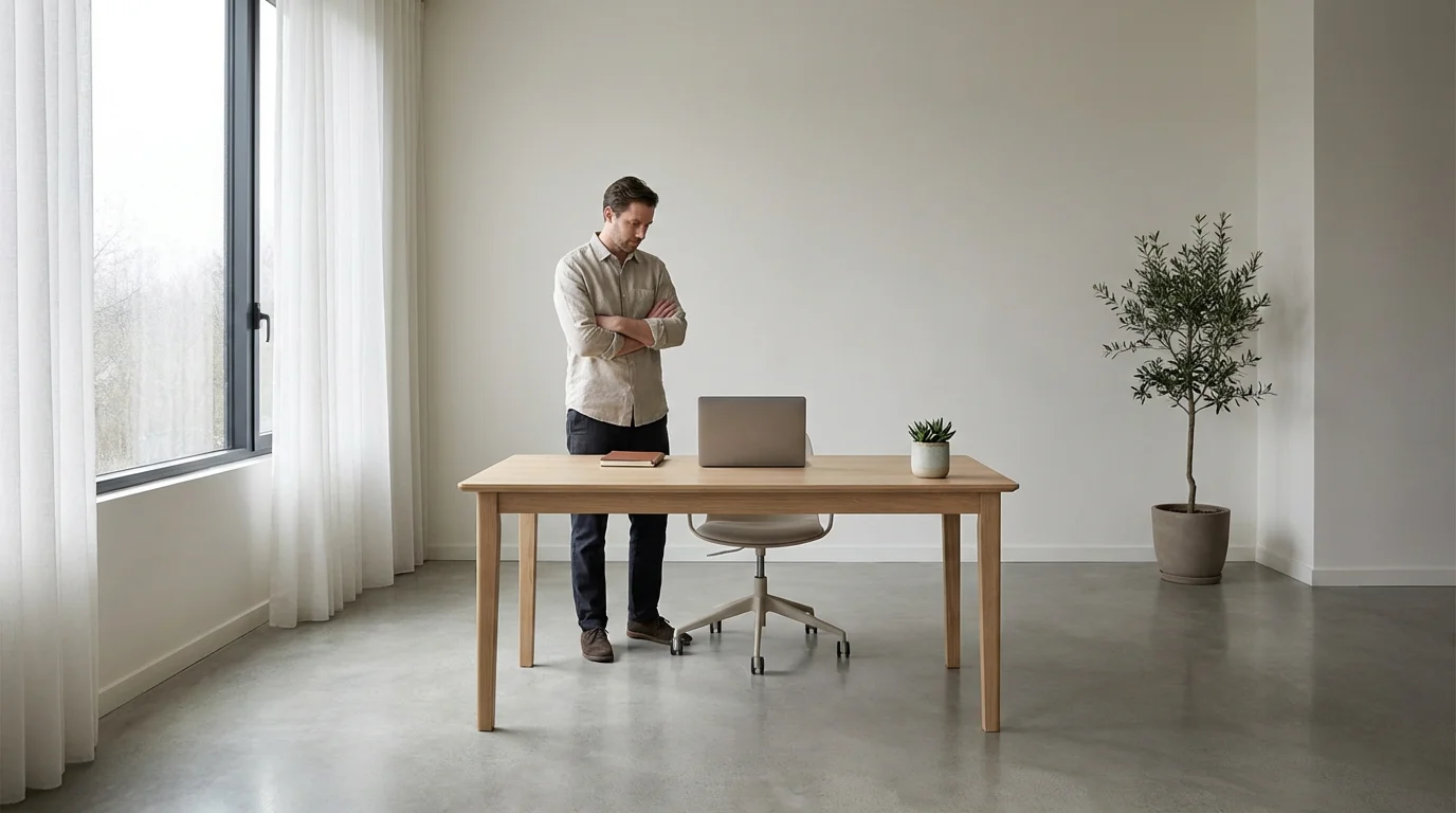 Wide environmental shot of a person observing a clean, minimalist, intentional home office setup.