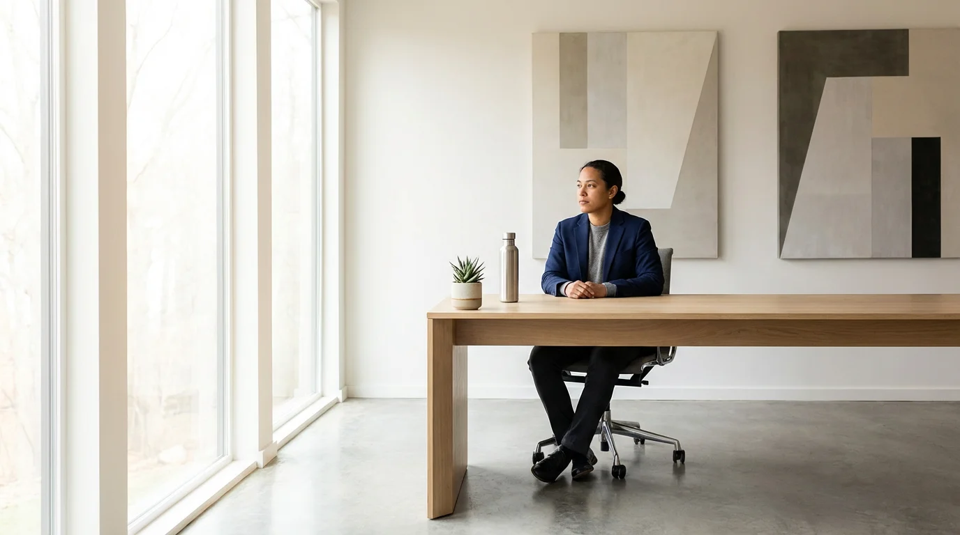 Wide environmental shot of a person reflecting at a clean desk in a sunlit minimalist home office.