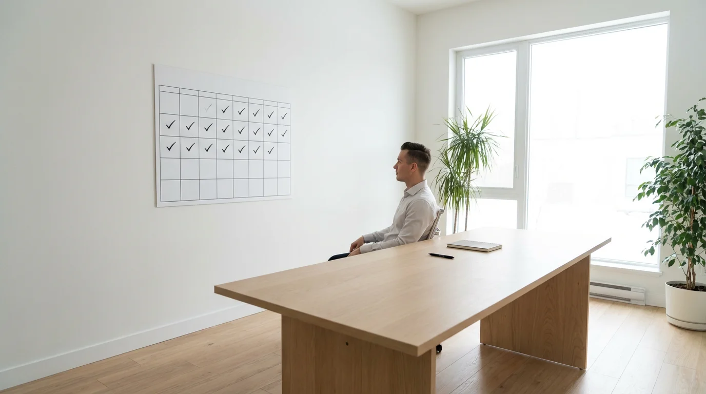 Wide environmental shot of a person tracking habit progress on a marked physical calendar in a bright office.