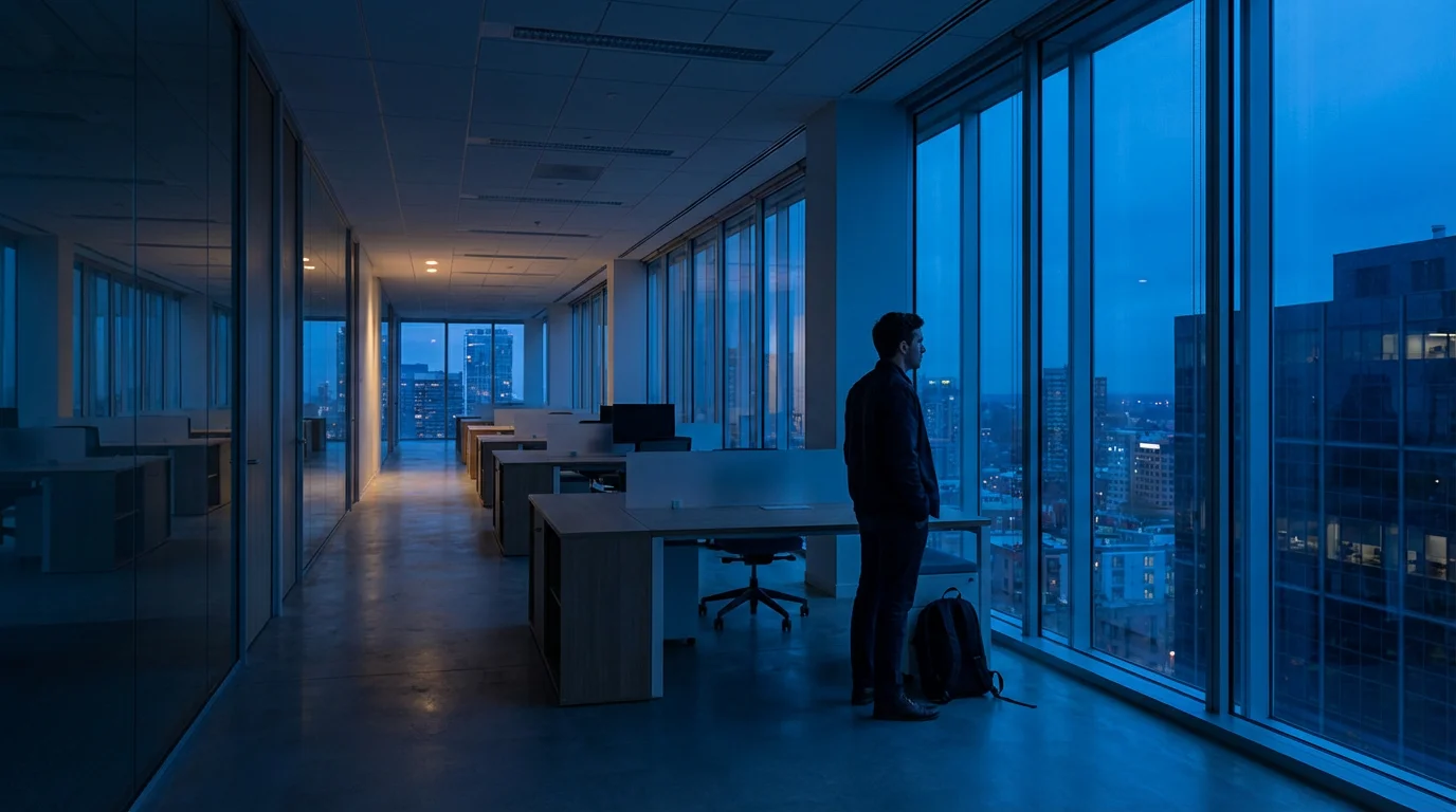 Wide environmental shot of a professional reflecting in a modern office during the blue hour.