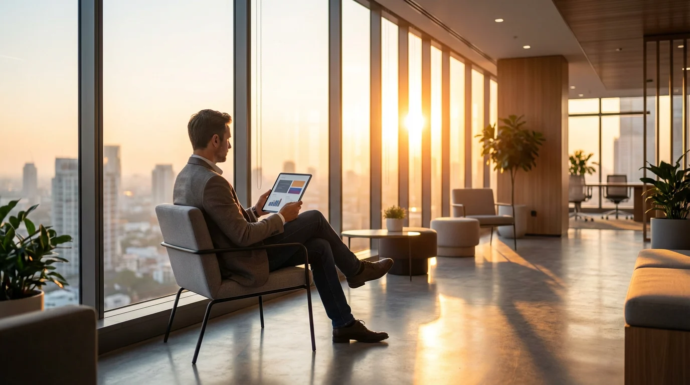 Wide environmental shot of a professional calmly reviewing a tablet in a sunlit modern lounge during golden hour.