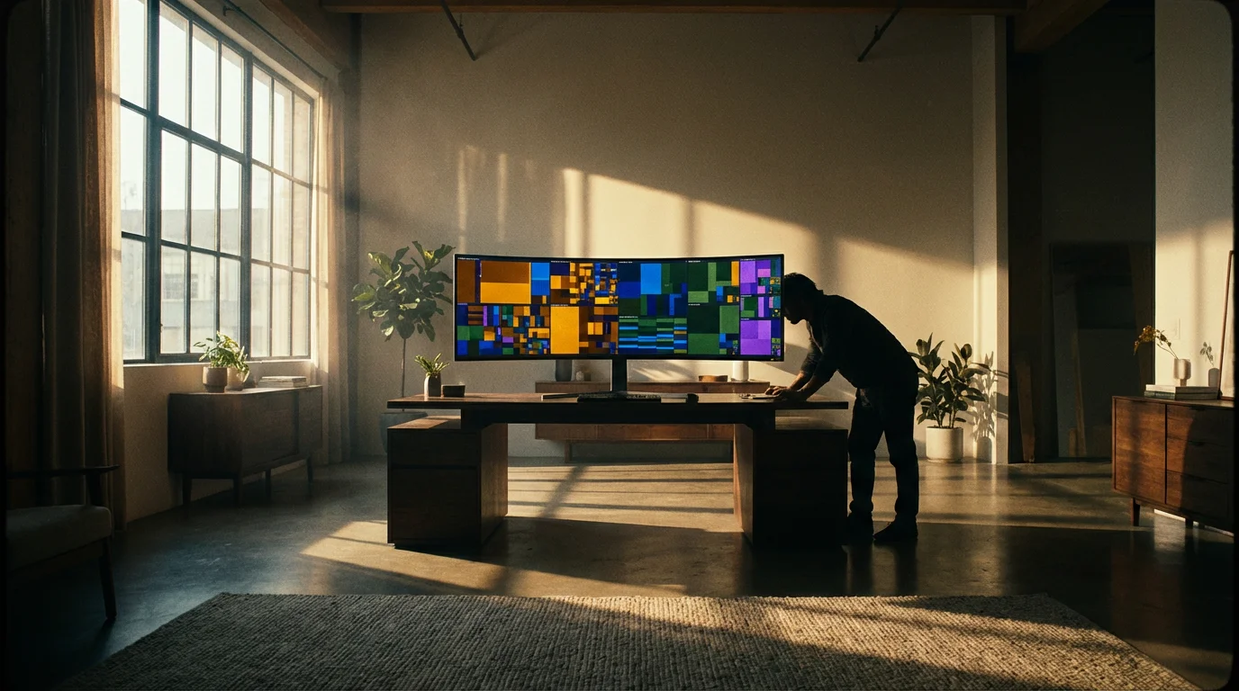 Wide photo of a color-coded digital calendar screen in a moody, professional office setting.
