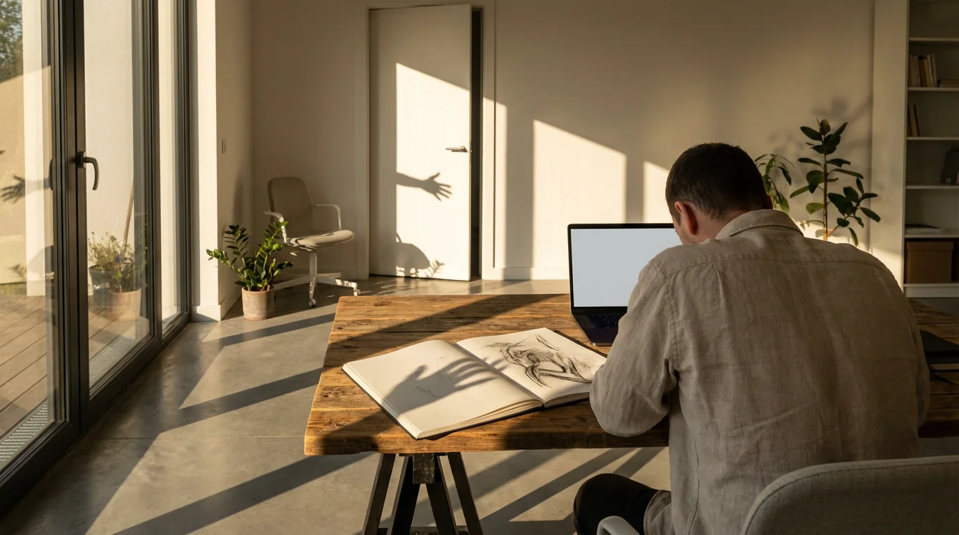 Wide photo of a focused person working in a studio, suddenly interrupted by a dramatic, intrusive shadow.