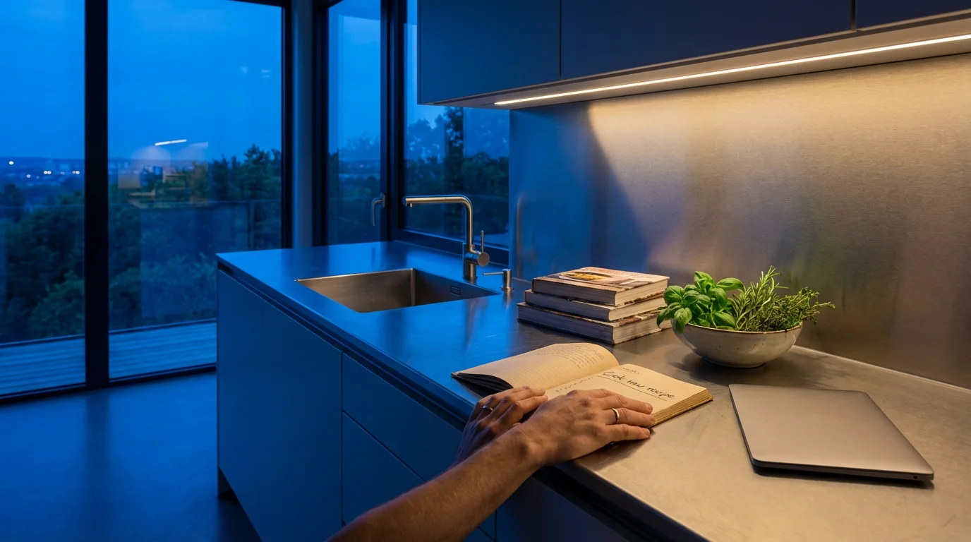 Wide photo of a kitchen counter during Blue Hour showing a handwritten weekend intention in a notebook.
