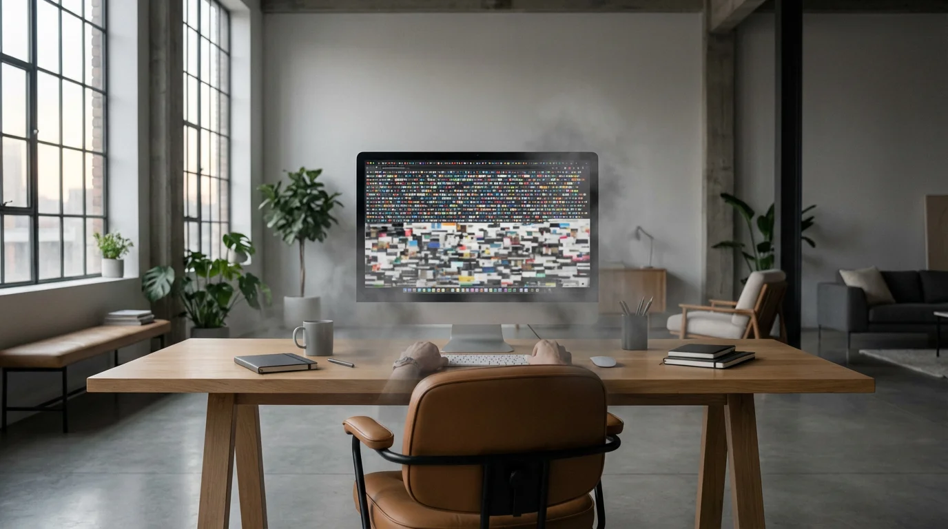 Wide photo of a modern office desk showing a computer monitor completely overloaded with chaotic, indistinguishable browser tabs.