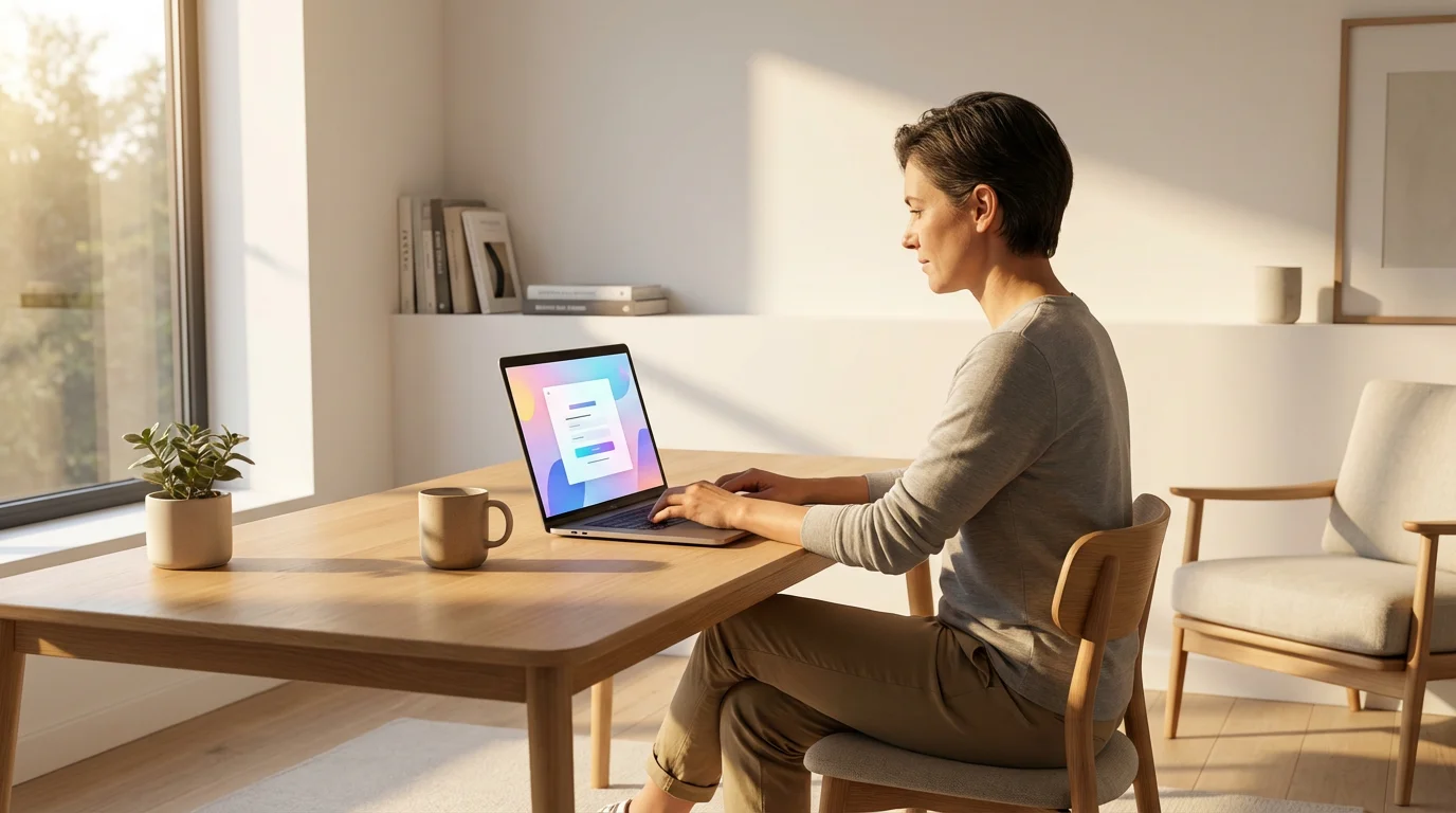 Wide photo of a person using a laptop at a minimalist desk during the warm golden hour light.