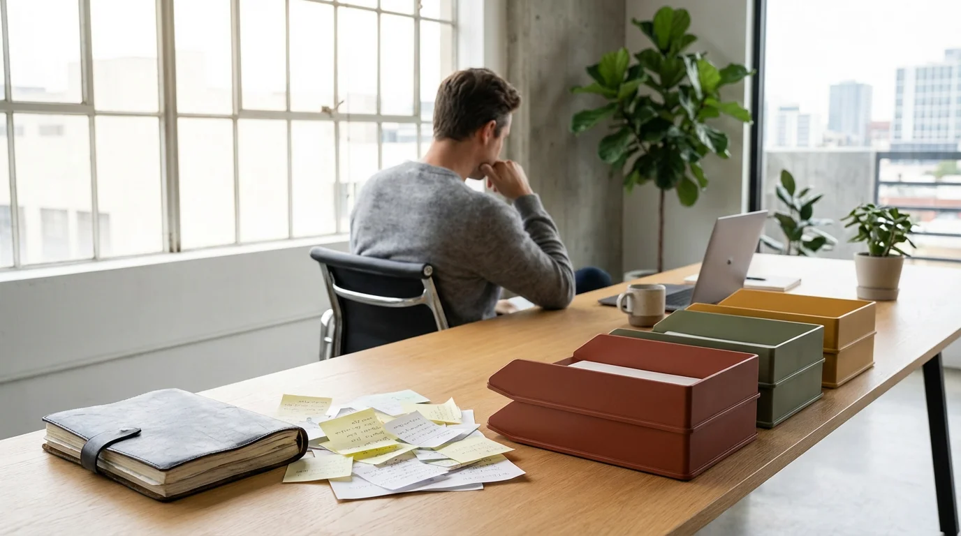 Wide photo of a professional at a bright desk contrasting vague and specific task organization.