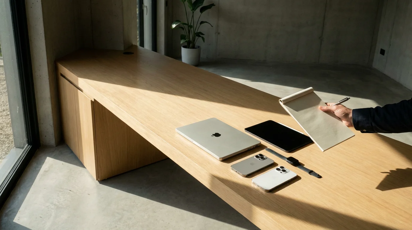 Wide photo of electronic devices laid out on a desk under dramatic shadows for a digital audit.