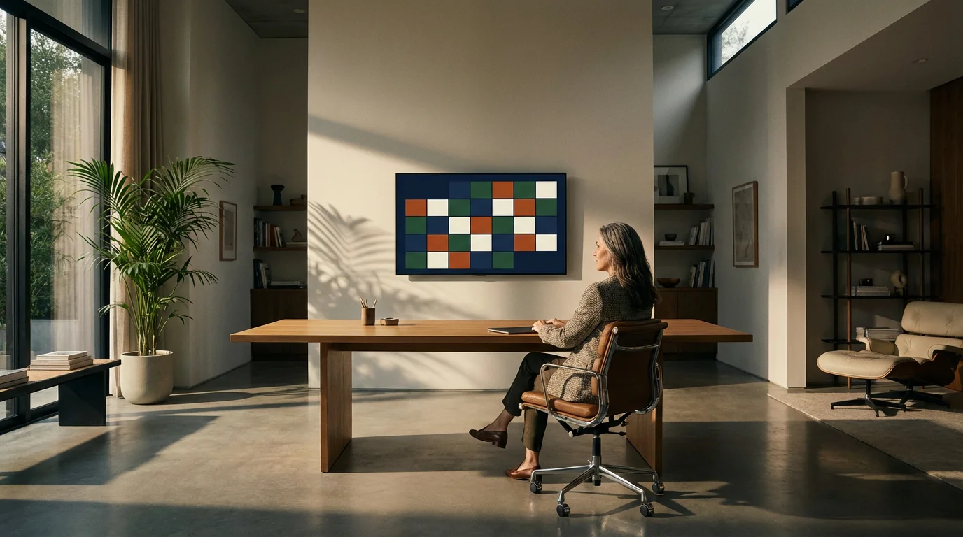 Wide photograph of a modern home office with a person organizing a color-coded digital calendar.