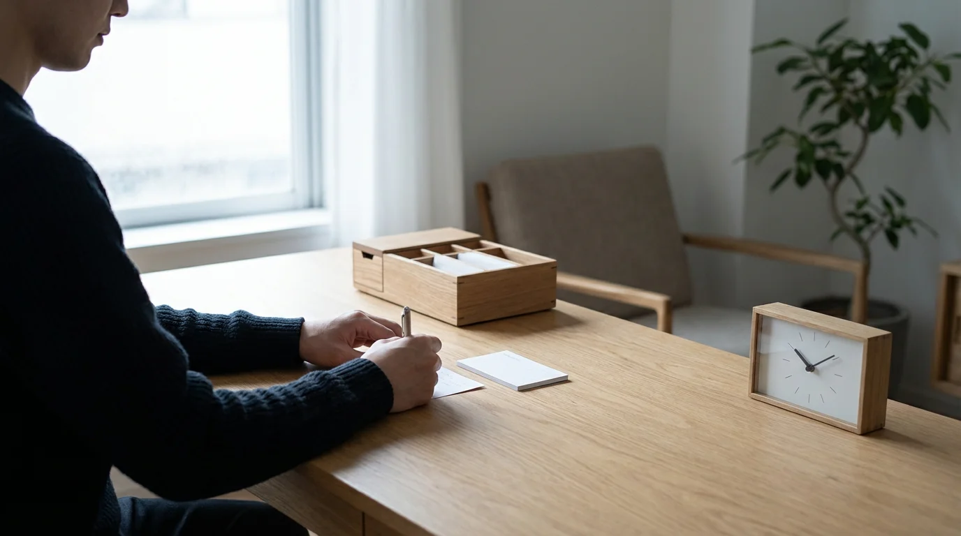 Wide photograph of a person consistently executing the Zettelkasten workflow at a bright, minimalist desk.