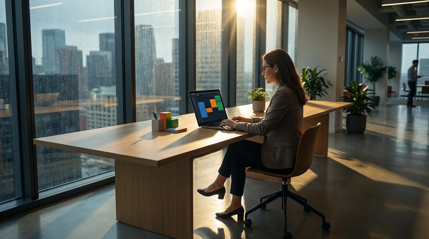 Wide photograph of a professional woman planning her schedule at a modern office desk with dramatic afternoon shadows.